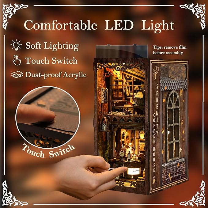 DIY Book Nook Kit Wooden Bookshelf Miniature Serenity Coffee House Kit 3D Wooden Puzzles Bookends Miniature House Kit Book Nook Bookshelf Insert Decor with LED Lights Wood Crafts for Adults