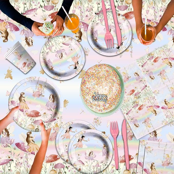 Fairy Party Decorations Tableware, 142pcs Fairy Birthday Party Decorations Plates and Napkins Cups Tablecloth Flower Fairies Banner for Enchanted Forest Garden Birthday Baby Shower Decorations
