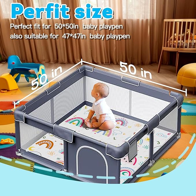 Baby Play Mat，Thick Soft 50" X 50" Playpen mat, Non-Slip and Machine Washable Baby Play Mats for Floor ，Crawling Mat for for Babies, Toddlers & Infants to Play and Learn (Rainbow)