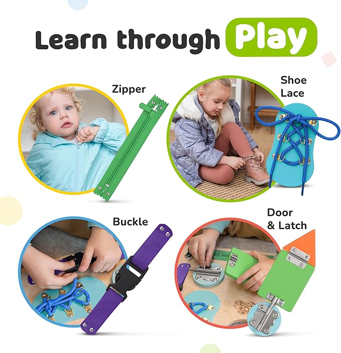 Montessori Busy Board for Toddlers, Premium Wooden Toddler Busy Board for 1 2 3 Year Old with 10 Educational Activities for Fine Motor Skills, Sensory Activity Toy for Travel, Gift for Boys & Girls
