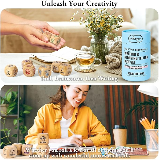 Garybank Inspiration Writing Prompt Dice - W/13 Writing Skill Cards and 200 Character & Event Cards - Storytelling Game for Kids, Writer & Teachers - Creation Set of 9 Story Cubes - Gifts for Writers