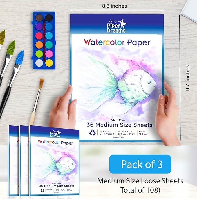 108 Sheets of Art Paper (11.7" x 8.3") Perfect as Watercolor Paper, Drawing, Sketching & Finger Painting - Ideal for Kids, Adults & Water Color Paper Sets. Save with a Bulk Pack of Loose White Sheets