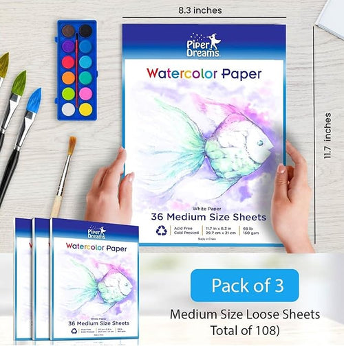 108 Sheets of Art Paper (11.7" x 8.3") Perfect as Watercolor Paper, Drawing, Sketching & Finger Painting - Ideal for Kids, Adults & Water Color Paper Sets. Save with a Bulk Pack of Loose White Sheets