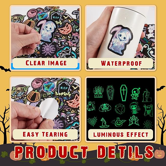 70 Pcs Glow in The Dark Neon Halloween Stickers for Kids, Waterproof Decor for Water Bottle, Vinyl Laptop Decals for Teens Girls Boys, Students Classroom Prizes