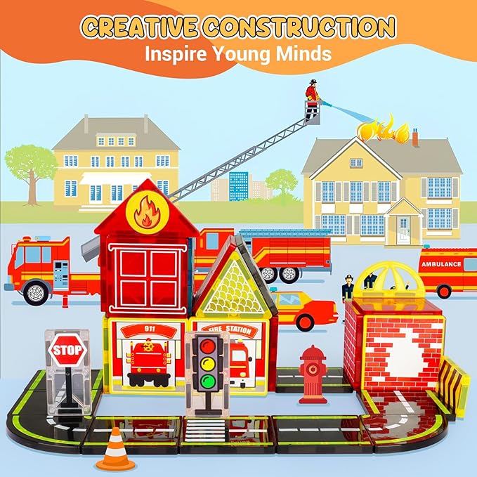 Magnetic Tiles Road Set with Fire Trucks & 2 Dolls, Double-Sided Magnet Tiles with 2 Cranes, Toys for Boys Ages 3-5 5-7, STEM Learning Construction Toys Include Car, Stations, Signs, Gifts for Kids 3+