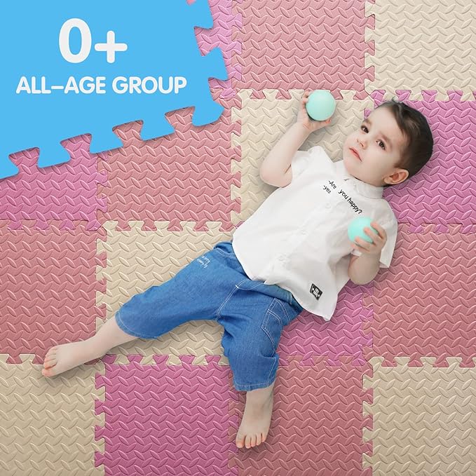 16 Tiles Foam Play Mat for Baby, Soft & Safe EVA Foam Mats for Floor, Square Baby Play Mat, Solid Colored Kids Foam Puzzle Floor Mat, 47x47 Play Mat for Playpen(Beige/Pink/Loli Pink)