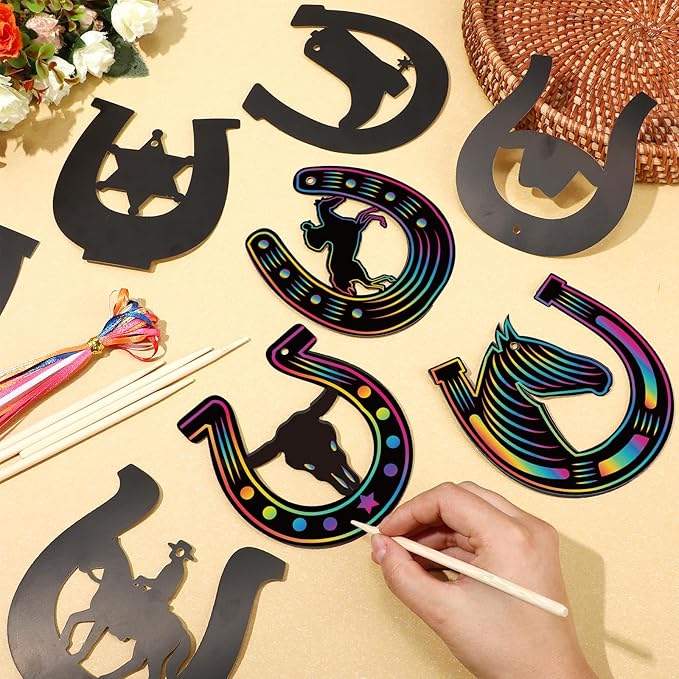 Western Cowboy Scratch Cards 80 Pcs Horseshoe Rainbow Scratch Art Paper with Wooden Stylus for Boys and Girls DIY Colorful Horse Craft Kits Home School Western Theme Birthday Festive Party Favors