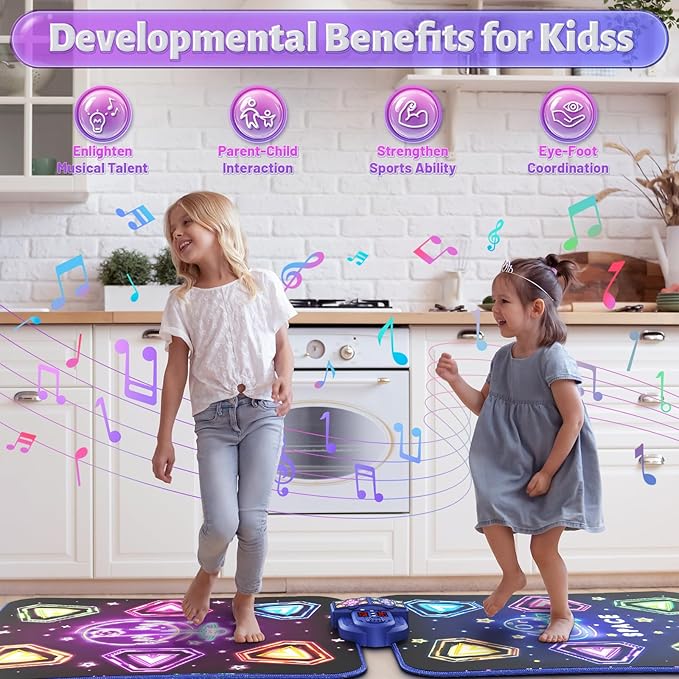 Dance Mat Toys for 3-12 Year Old Kids, Kids Dance Mat with Light-up 12-Button Bluetooth & 6 Modes, 2 Player Electronic Dance Pad Toys, Birthday Xmas Gifts for 3 4 5 6 7 8 9 10+ Year Old Girls Boys