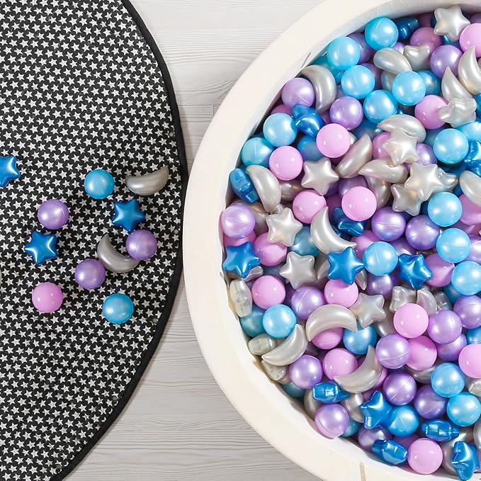 GOGOSO Ball Pit Balls Stars Moon Shapes Plastic Pitballs for Toddler Play Tent Baby Photo Props Kids Pool Water Toys Kiddie Pool Party Decor,Pearl Blue+Pearl Purple+Purple Gray,100PCS