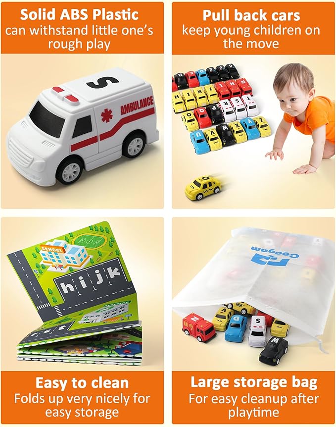 Coogam Alphabet Maze, 26pcs Pull Back Car with Play Mat Preschool Letter Matching Game for 3 4 5 Years Old, Montessori Educational Fine Motor Gift Toy for Toddler Kids