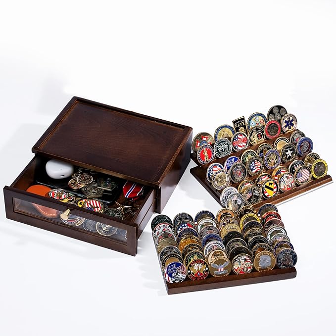 Premium Challenge Coin Display Case for 100 Coins - 360° View & Interchangeable Panels - Military, Police, Fire Fighter Gift for Retirement, Promotion