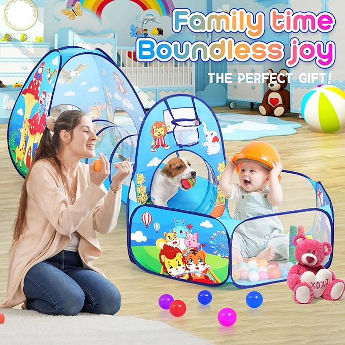 3 in 1 Kids Play Tent for Toddler with Baby Ball Pit and Play Tunnel, Children Indoor Outdoor Playhouse with Climbing Tunnel Toy for Toddlers, Boys and Girls Best Birthday Gifts (3pc Jungle Ball Pit)