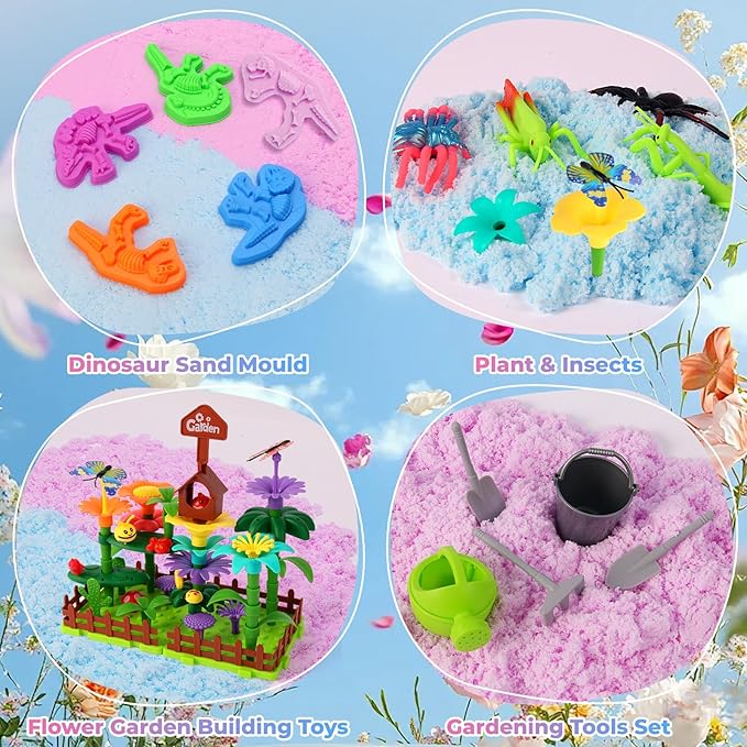 FIIOEOY Flower Garden Sensory Bin, Sensory Play Sand Kit with DIY Flower Garden Building Toys, Bug Figures & Sand Molds, Pretend Play Sandbox Birthday Gift for Girls Boys 3 4 5 Years Old