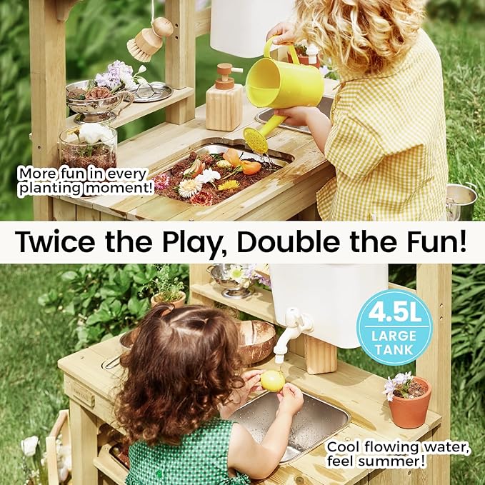 Tiny Land Outdoor Mud Kitchen for Kids, Wooden Play Kitchen with Water Tank, Water Play, Cooking, & Sensory Fun, Durable & Weather-Resistant Design with Storage, Gift for Ages 3+