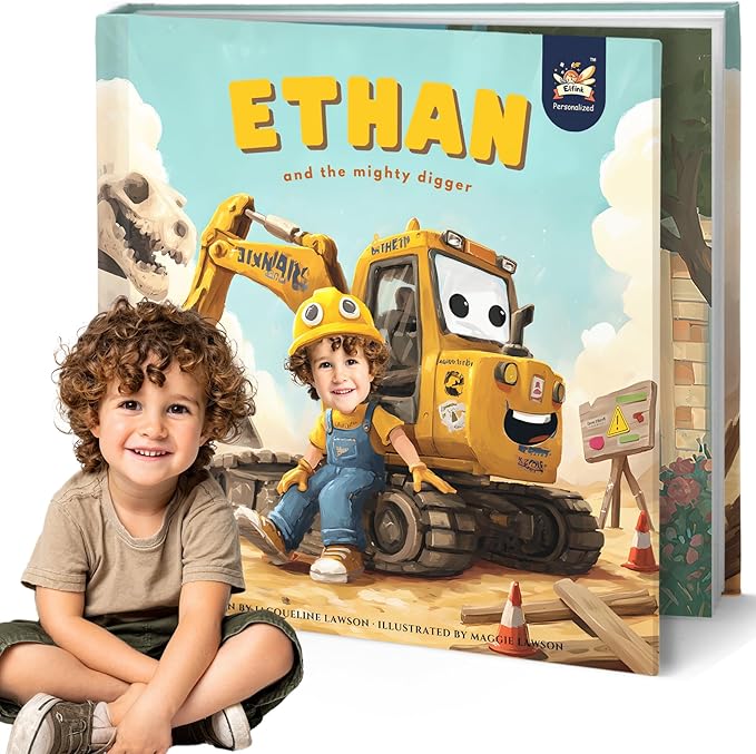 ELFINK Personalized Children Story Books - The Mighty Digger & Dinosaur Discovery - Customized Name & Photo - Baby Gifts - Children Bedtime Story (Soft Cover)