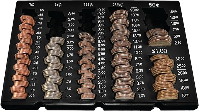 BankSupplies Self-Counting Loose Coin Tray | Black/White | Coin Holder & Organizer | Holds 6 Change Denominations | Non-Slip | Pennies, Nickels, Dimes, Quarters, Halves & SBA Dollars