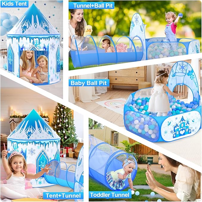 3 in 1 Girls Frozen Play Tent for Kids: Pop Up Baby Playhouse with Toddlers Crawl Tunnel, Ball Pit and Princess Castle Tent - Children Play Tent Frozen Toys Indoor and Outdoor Game for Birthday Gift