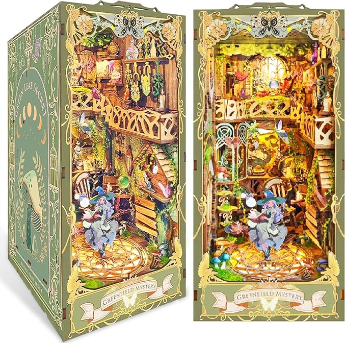 DIY Book Nook Kit, DIY Miniature Dollhouse Kit for Adults and Teens, Book Nook Bookshelf Insert Decor 3D Wooden Puzzle Bookend Miniature Kit with Sensor Light Creative Craft (Green Fairyland)
