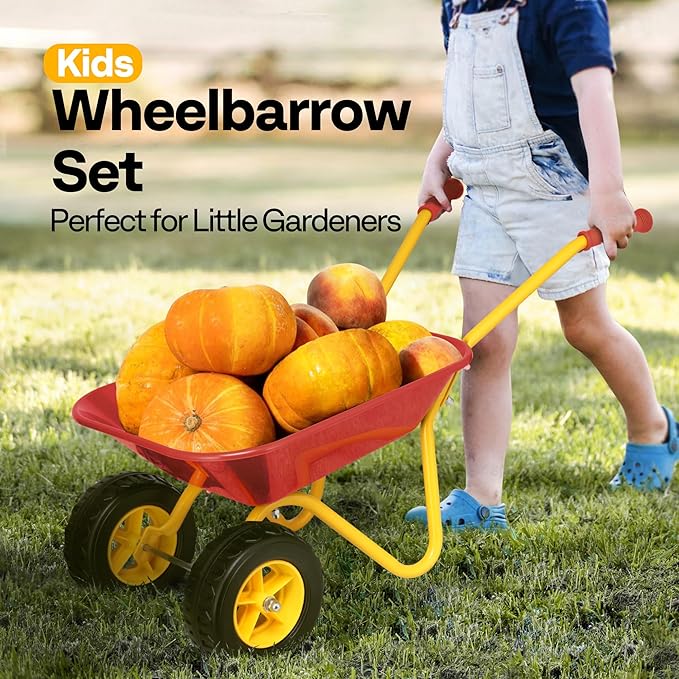 VIVOHOME Kids Wheelbarrow Children Garden cart with Toddler Gardening Tool Set Child Wheel Barrel Outdoor Indoor Toys Gift Red