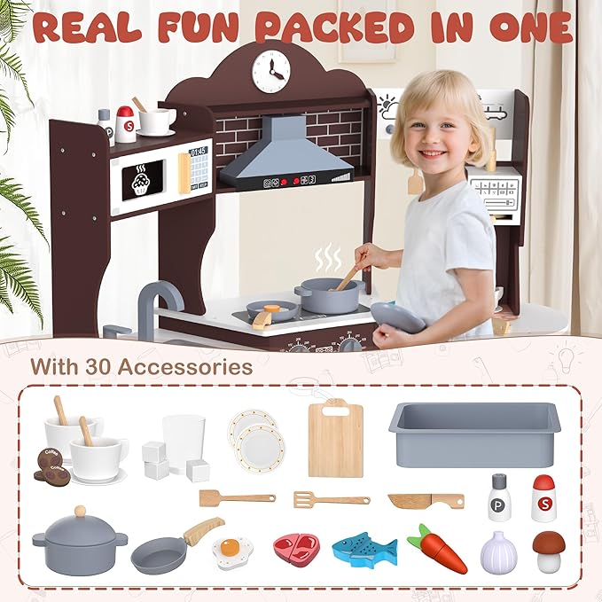 ANPABO Play Kitchen for Kids, Wooden Kids Kitchen Playset for Toddlers with Lights & Sounds, Pretend Play Toys with Coffee & Ice Maker, 30Pcs Toy Kitchen Accessories Gift for Boy&Girl (Espresso)