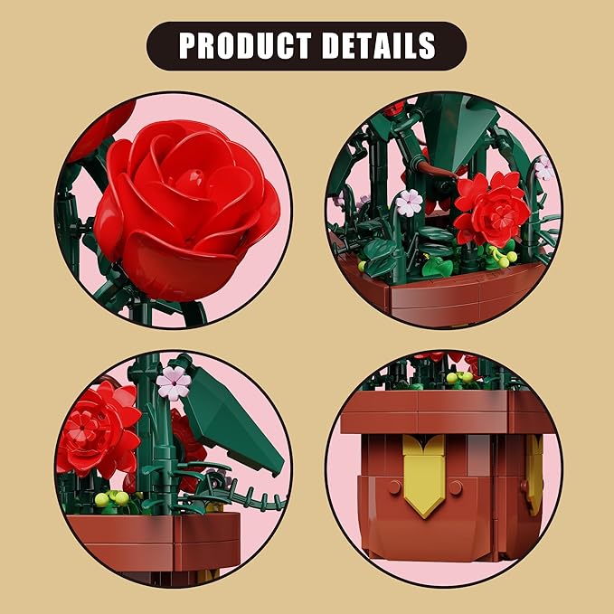 Roses Flowers Botanical Building Blocks Set,Artificial Plants Bonsai Building Toys with Pot,Indoor Display for Home Office Decor,Christmas Birthday Gift for Adult Women Girls Age 8-12(307Pcs)
