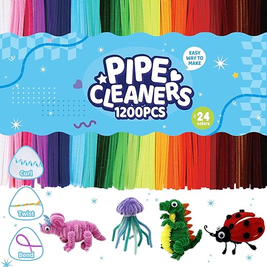 1200 Pcs Chenille Pipe Cleaners for Crafts – 24 Assorted Colors Fuzzy Sticks, DIY Art Supplies for Kids, Classroom Projects & Decorations