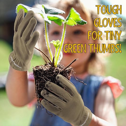 HANDLANDY Kids Genuine Leather Work Gloves for ages 3-11, Children Gardening Gloves for Boys, Girls (Medium (for age5-7), Khaki)