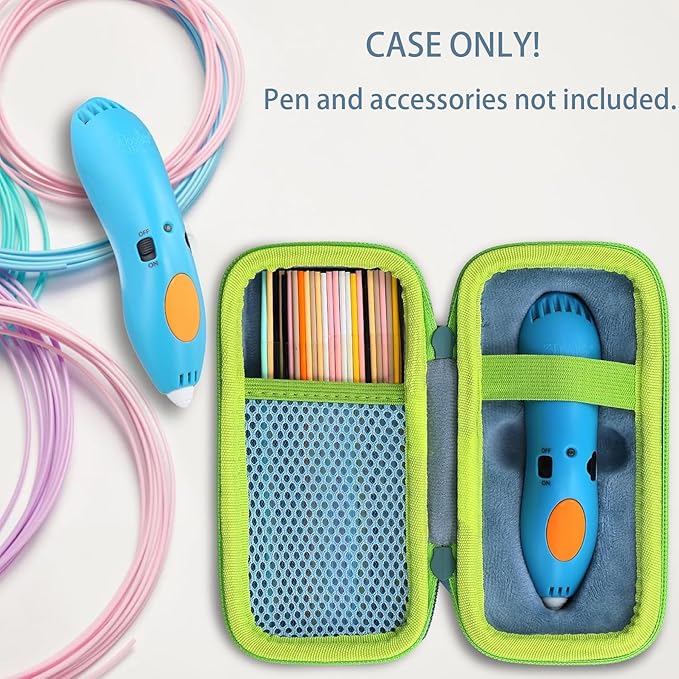 co2CREA Hard Case for 3Doodler Start+ Essentials (2024) 3D Pen Set - Storage Organizer with Custom Slots for Art Activity Set, Printing Filament Refill and USB Charger, Light Blue Case + Green Zipper