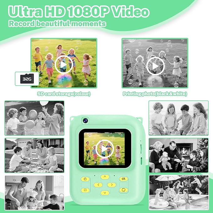 Instant Print Camera for Kids, 1080P Video Camera with 3 Print Rolls, 32GB Card & Cute Cover, Gift for Girls Boys Age 3-12, Toddler Digital Camera with Games, Filters, Music – Green