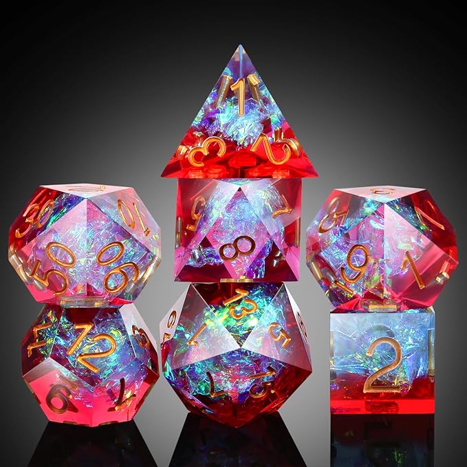 Shiny D&D Dice,DNDND Handmade Double Layers Sharp Edge Die with Gift Case for D&D Dungeons and Dragon Games (Red and Blue)