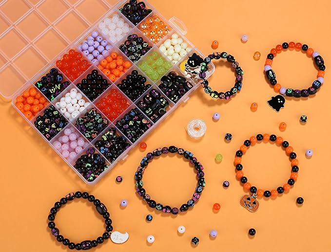 XIANNVXI 480pcs 23color Halloween Glass Beads Jewelry Making Kit Black Orange Purple White Friendship Bracelet Supplies with Halloween Pattern Beads DIY Crafts Kit