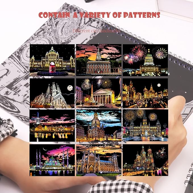 Scratch Art Book for Adults - 12PCS Scratch Painting Foil Art for Adults Scratch City Series Books Foil Engraving Scratch Art Adult Set with 6 Tools