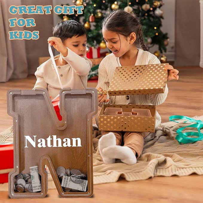 Wooden Letter Piggy Bank for Kids Larger Letter Piggy Bank for Boys and Girls Personalized Piggy Bank Initial Coin Bank Wood Kids Money Bank for Birthday and Festival
