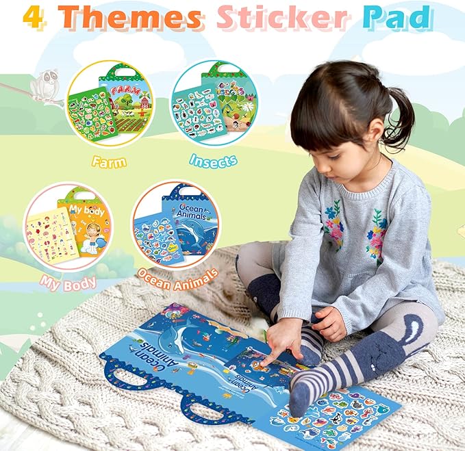 Reusable 4-Set Sticker Books for Toddlers 2-4, Toy Stickers Pad Reusable Sticker Books for Toddlers 1-3 Fashion Activity, Birthday Gift Toy for Girl Boy(Farm, Ocean Animals, Insects,Body)