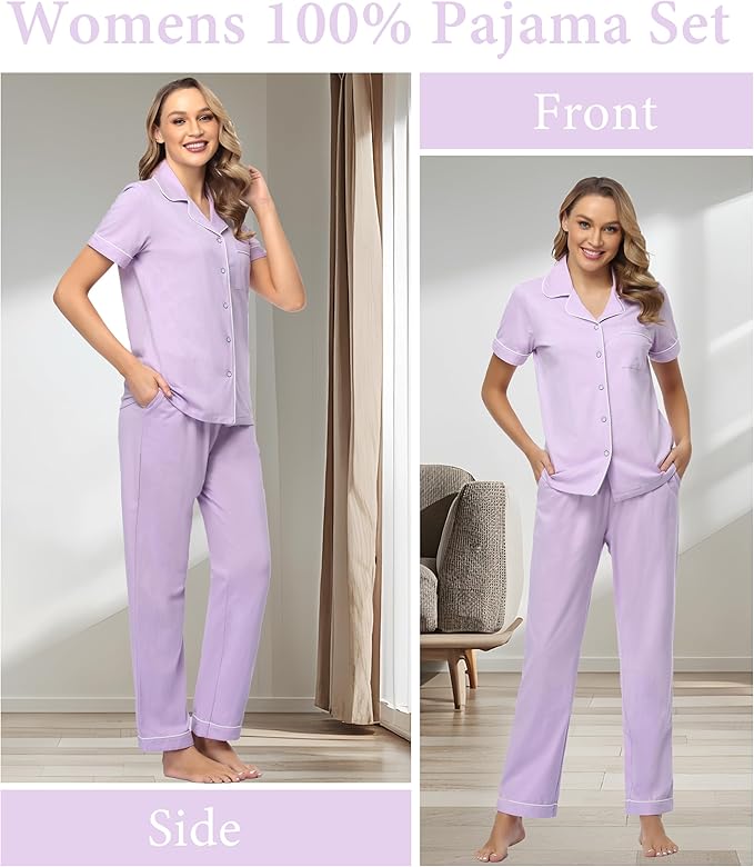 CF Womens 100% Cotton Pajamas Set Button Down Pjs Sets Short Sleeve Top & Long Pants Sleepwear Comfy Loungewear with Pockets
