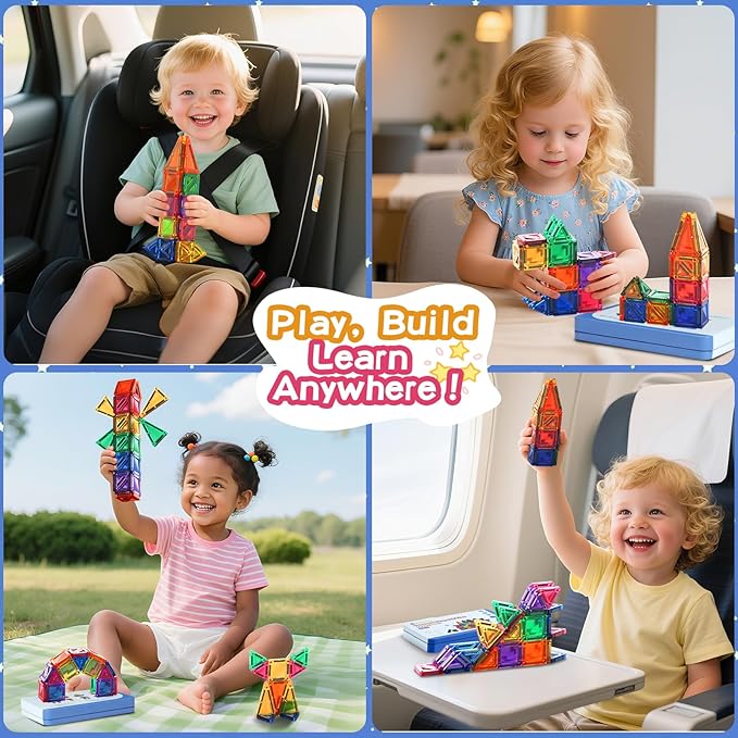 Travel Magnetic Tiles Toddler Toy Set, 42PC Mini Magnetic Tiles & Building Blocks for Kids, Portable STEM Sensory Toys for Restaurant & Airplane, Gift for 3+ Years Old Boys Girls with Iron Case