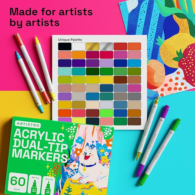 ARTISTRO 60 Acrylic Paint Markers for Rock, Fabric, Wood, Glass, Craft, Decoration - Dual-Tip Paint Pens - Stocking Stuffers, Christmas Gift Idea for Teens, Grandkids, Kids - Art Supplies