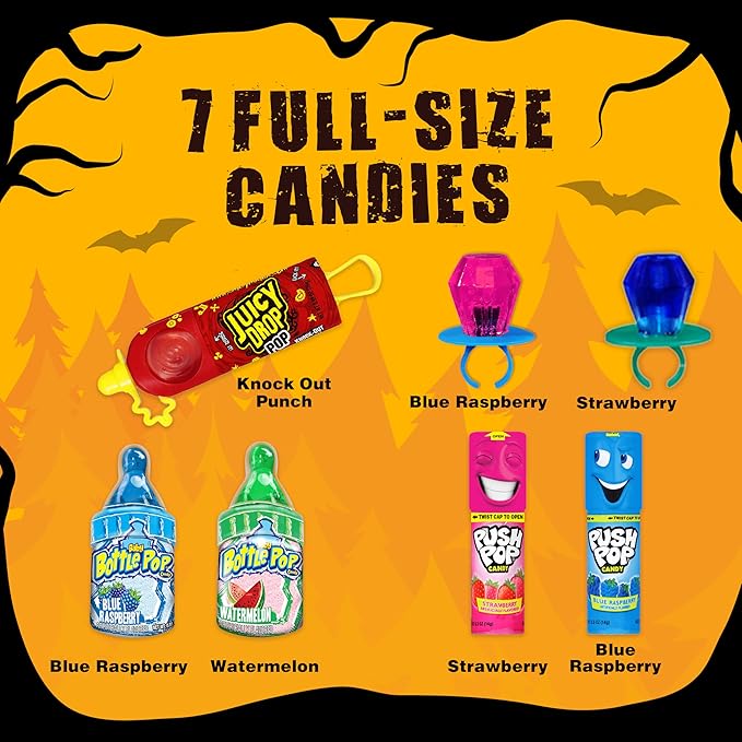 Halloween Candy Variety Pack Bag, 12 Count Assorted Lollipops, Bulk Individually Wrapped Ring Pop, Push Pop, Baby Bottle Pop & Juicy Drop For Birthday Party Favors, Trick or Treat, Bowls, Kids Gifts