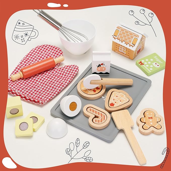 PairPear Gingerbread House Baking Playset – 29 Piece Wooden Christmas Cookie Baking Kit, 3D Toy Cookie Play Food & Pretend Kitchen Accessories, Educational Play Baking Toys Gift for Kids 3+