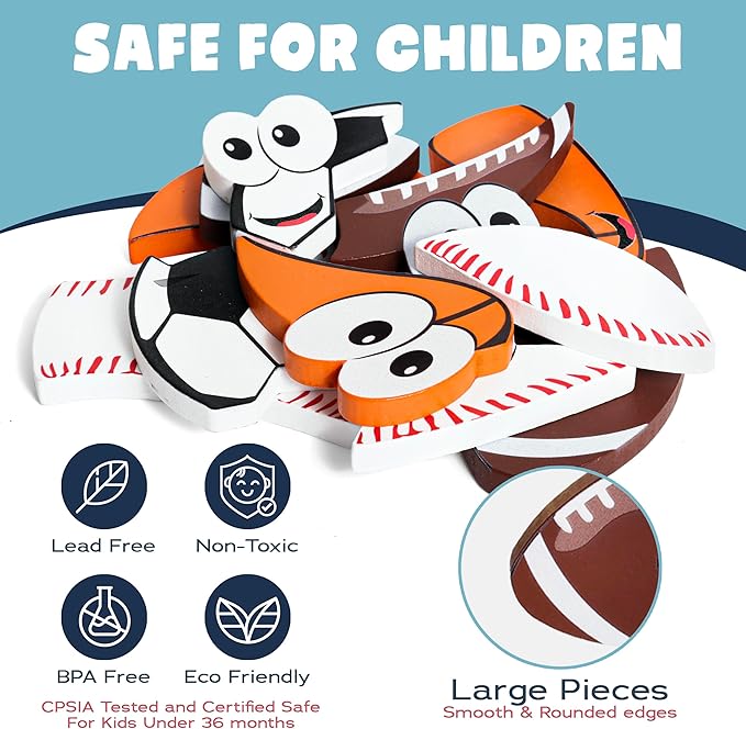 Wooden Sports Puzzles for Toddlers 2-4 | Wood Puzzles for Kids, Toddler Sports Toys for Toddlers, Basketball Toy, Football Toys, Baseball Toy, Soccer Toddler 2 3 Year Old Boy