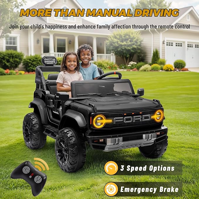ENYOPRO 24V Licensed Ford Bronco Raptor Electric Car for Kids, 2 Seater Battery Operated Ride On Truck Toys with Remote Control, 4-Wheel Suspension, Bluetooth, Radio, LED Lights, 3 Speed - Black