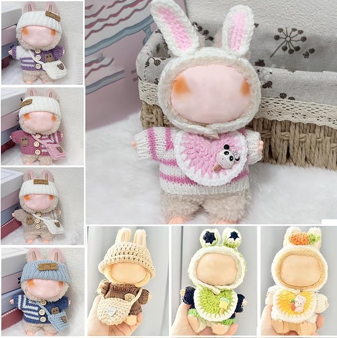 Clothes for Labubu 17cm Labubu Accessories Crochet 3 Piece Set Outfits for Labubu(Pink Rabbit)