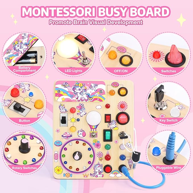 Toddler Busy Board,Montessori Toys for 1-3 Years Old,Baby Sensory Board,Wooden Learning Toys,Christmas & Birthday Gift for Boys & Girls (Unicorn Busy Board v2)