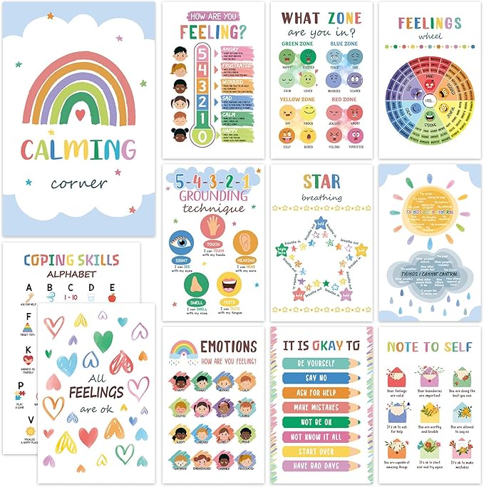SEOIFUNG 12PCS Calming Corner Classroom Posters (11x17), Emotions Chart Feelings Wheel Calm Down Corner Supplies, Mental Health Therapy Office Wall Decor for Preschool Kids Teacher