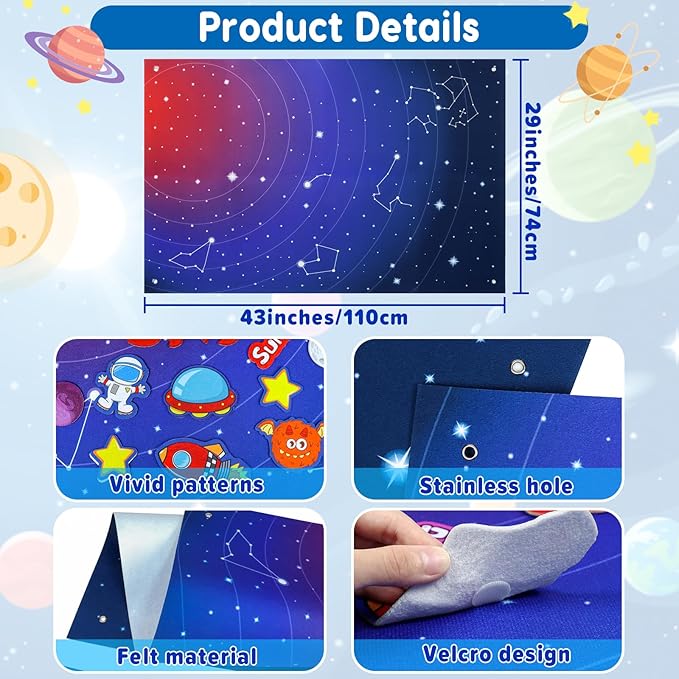 OKOOKO Solar System Felt Story Board Set 41PCS 43x29inch Outer Space Universe Storytelling with Hooks Astronaut Planets Galaxy Preschool Craft Early Learning Interactive Play Kit for Toddlers Kids 4+