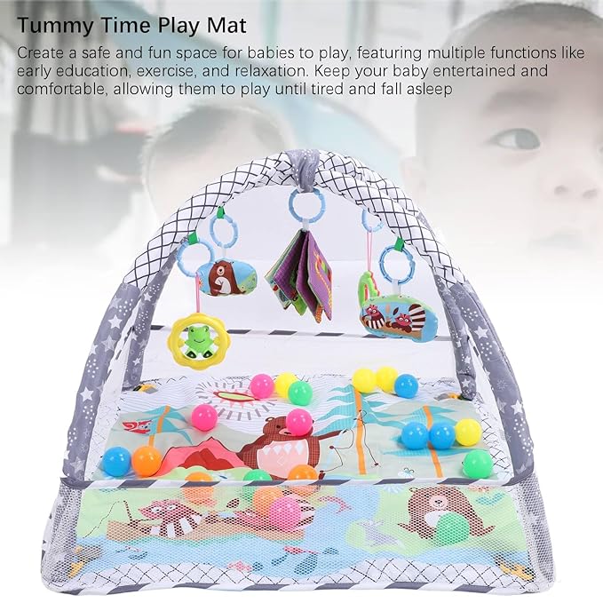 Baby Gym Play Mat, Cotton Playmats & Floor Gyms Portable Tummy Time Mat with 20Pcs Soft Ocean Balls Hanging Toys, Baby Mats for Floor Play