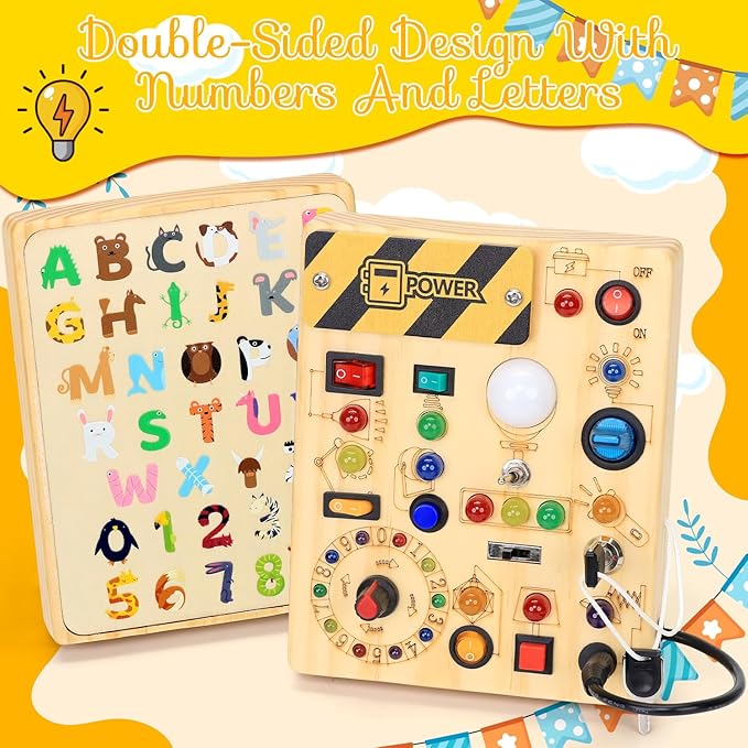 RichBoy Busy Board Toddler Toys Montessori Toys for 1-3 Year Old Boy Girl Birthday Gift for Grandkids, 37 in 1 LED Light Up Sensory Wooden Montessori Switch Board Toy - Learn and Travel (6.7" x 5.3")