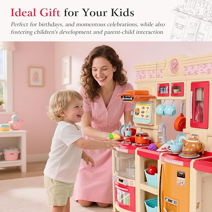 【2025 Upgraded】 Kitchen for Kids Interactive Play Kitchen for Kids Toddlers-Lightweight Easy-Install Pretend Kitchen with Tablet Ordering, Music, Lights Sounds, Steam Stove, Sink & Dishwasher(Pink)
