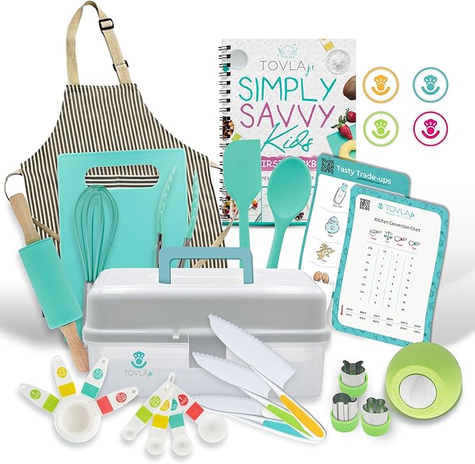TOVLA JR Kids Real Cooking and Baking Ultimate Gift Set | Montessori Kid-Safe Knives, Apron, Visual Cookbook, Timer, Storage Case & Tools | Premium Christmas & Birthday Gift for Girls & Boys Ages 4–12