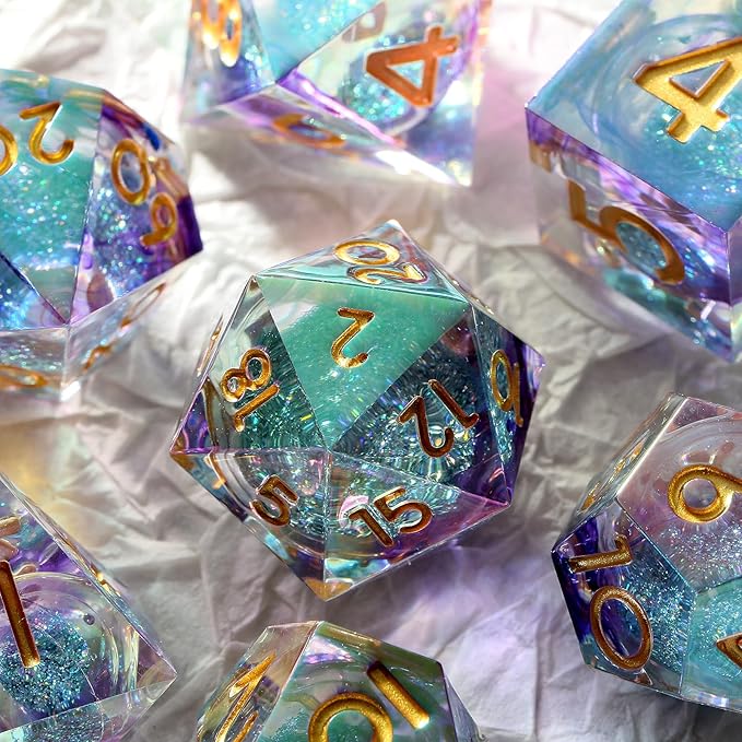 Iridescent Plating Glitter Liquid Core Sharp Dice, DNDND Handmade DND Resin Sharp Edge D&D Die with Gorgeous Gift Case for Dungeons and Dragon Tabletop Games (Iridescent Plating Liquid Core)